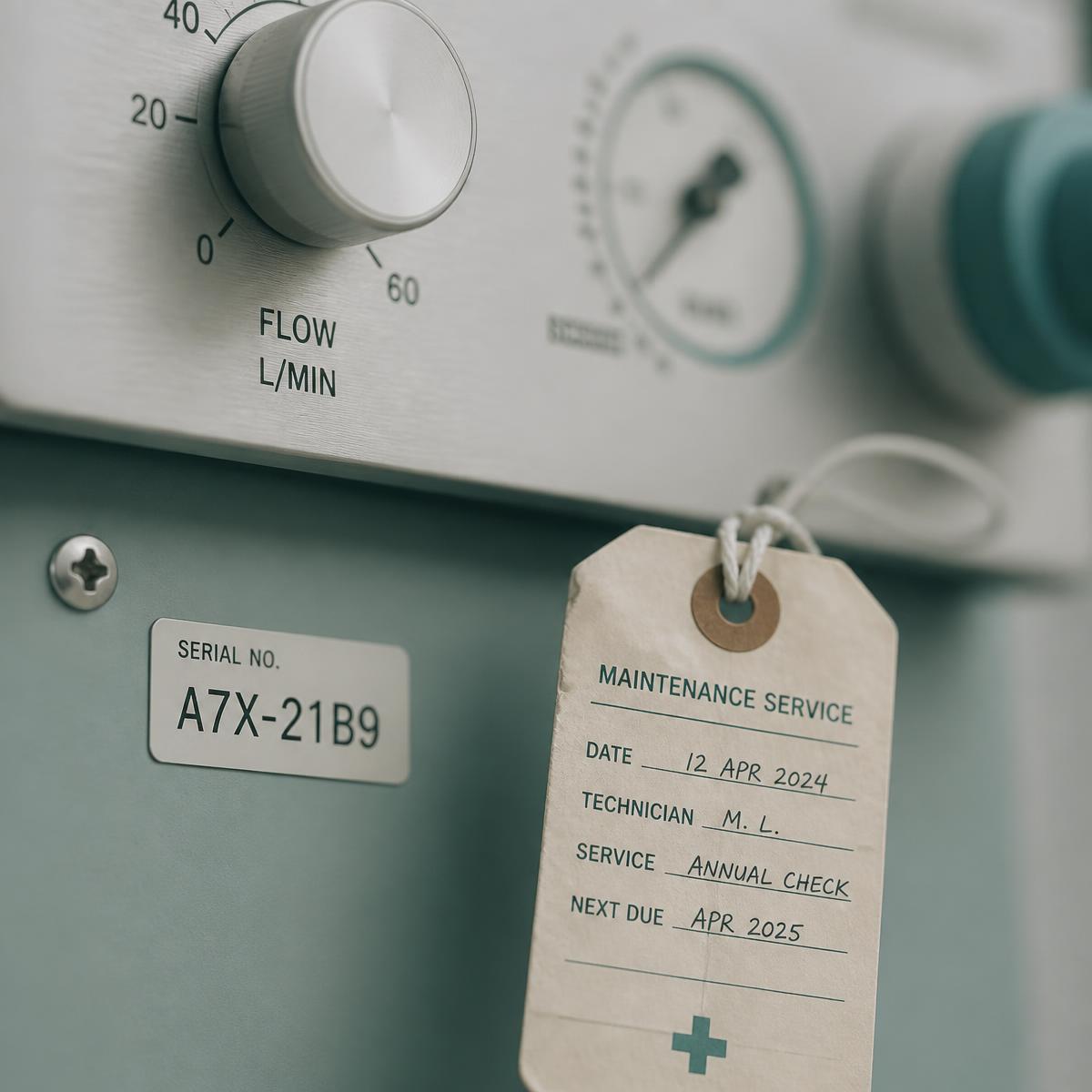 Close-up of equipment dials and a maintenance service tag
