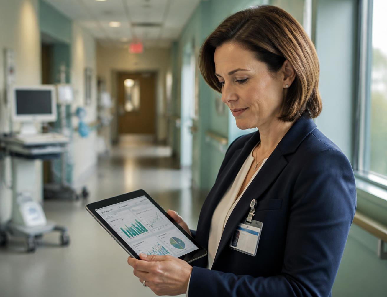 Facility manager reviewing service data on a tablet